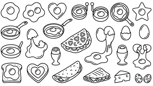 Breakfast egg and cooking icons set with minimalist black line style.