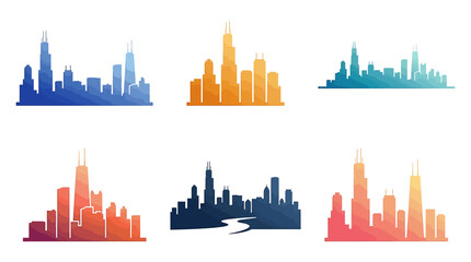 Obraz premium Modern city skyline silhouette collection, set of 6 urban skyscraper vector icons, colorful metropolis building outlines for travel and real estate