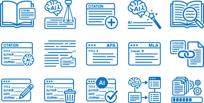  Artificial intelligence academic citation generator bibliography formatting and research management linear vector icon set