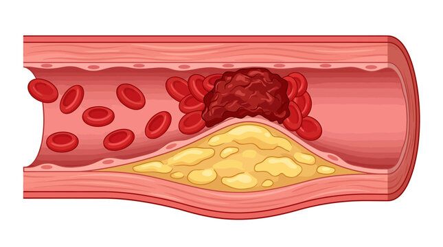 Atherosclerosis medical illustration of blood clot in artery, cholesterol plaque buildup in human blood vessel, thrombosis and heart disease vector
