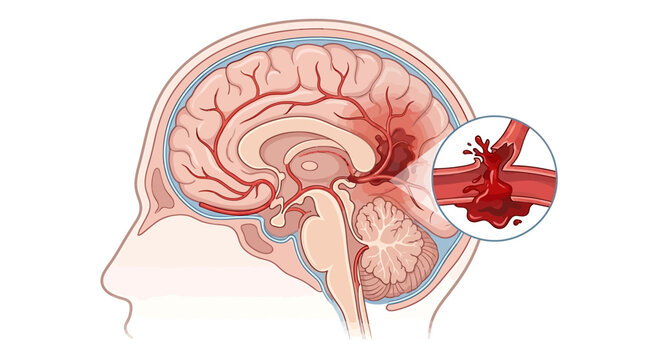 Hemorrhagic stroke medical illustration, human brain cross section with ruptured artery and bleeding, cerebral hemorrhage anatomy vector