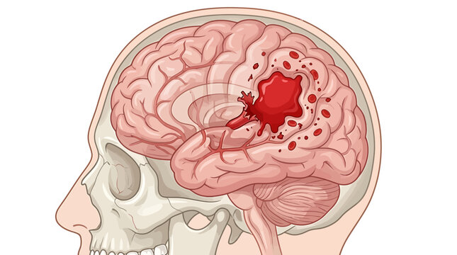 Brain hemorrhage medical illustration, human skull with cerebral bleeding and stroke, anatomical cross section showing internal brain injury and trauma
