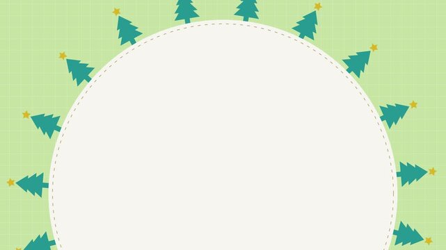 Seamless looping background animation of rotating Christmas trees around a semi circle center text copy space area with cream and green color scheme. Flat style holiday frame concept
