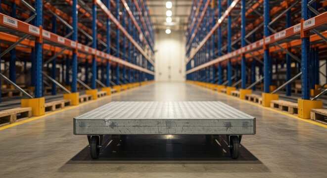 Warehouse pallet jack platform positioned for loading in spacious industrial aisle