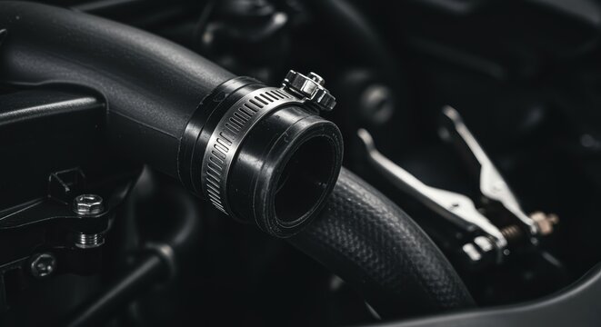 Car radiator hose connection with metal clamp close up in engine compartment