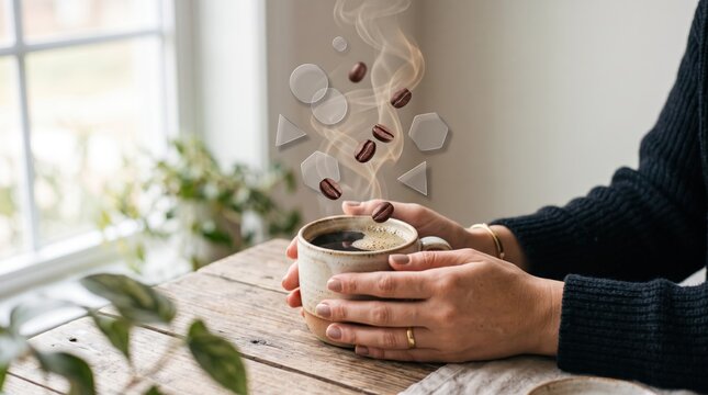 Hands holding a ceramic cup of hot coffee with steam rising, abstract geometric shapes floating above, cozy morning atmosphere at home.