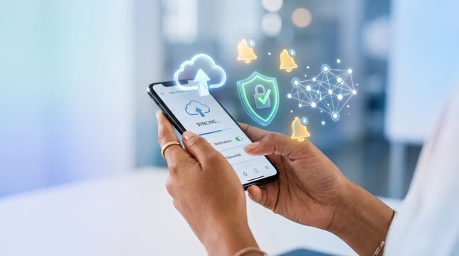 Smartphone displaying cloud sync process with security shield icon, data backup and protection concept, wireless network connectivity, mobile device management and cybersecurity...