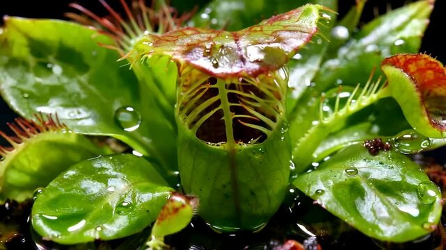 Venus flytrap plant with water drops.
