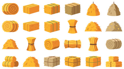 Agricultural hay and straw bales collection in various shapes vector. © Akter
