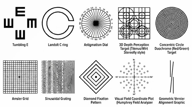 A collection of various optometric vision testing charts and diagnostic visual patterns.
