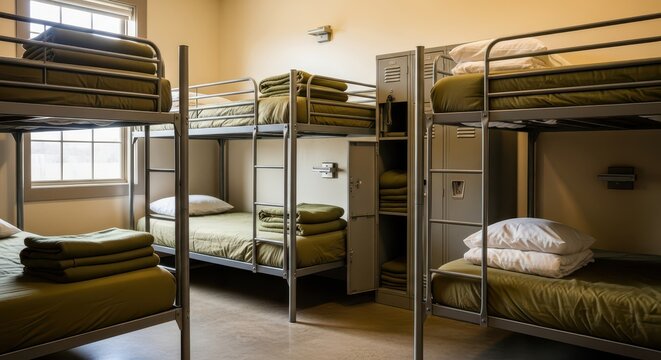 Dormitory Room with Multiple Bunk Beds and Lockers, Military Style Living Quarters
