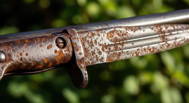 Close-up macro shot of a rusty old bayonet with visible corrosion and patina against a blurred green background
