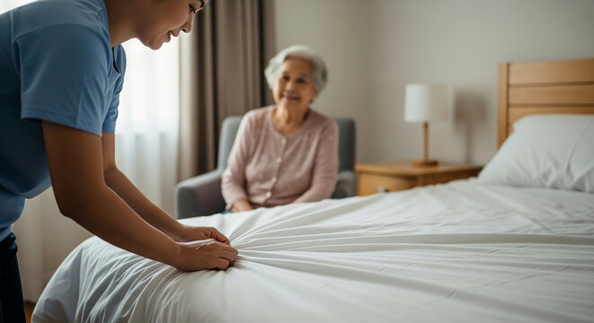 Professional female caregiver in blue uniform making the bed for an elderly woman in a cozy home care environment, providing assistance and comfort.