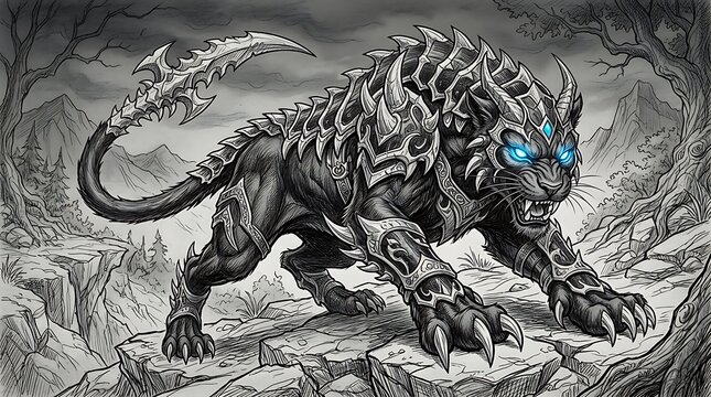 Ferocious armored panther beast with glowing blue eyes and sharp metallic blades drawn in detailed sketch style on white background