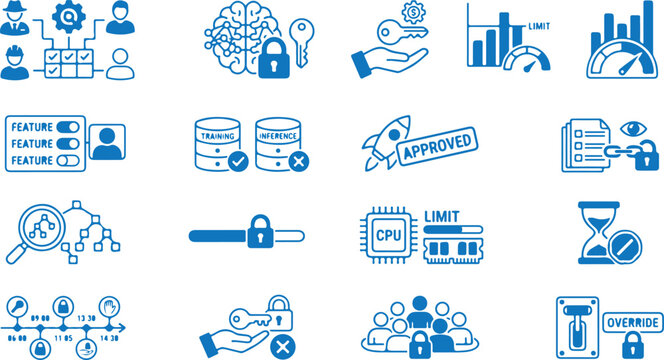  Artificial intelligence model training inference deployment and cybersecurity access governance vector icon set