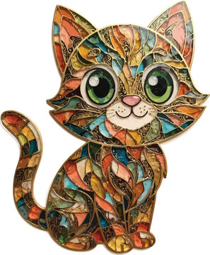 Stained Glass Mosaic Tile Pattern Cute Kitten Vector Illustration
