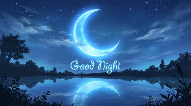 A tranquil night scene featuring a luminous moon casting reflections over a calm sea, accompanied by the cheerful message 'Good Night.' Perfect for conveying serenity and peace.