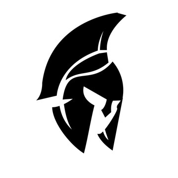 Black Spartan helmet icon with crest, a minimalist silhouette representing ancient Greek warriors, strength, and protection.