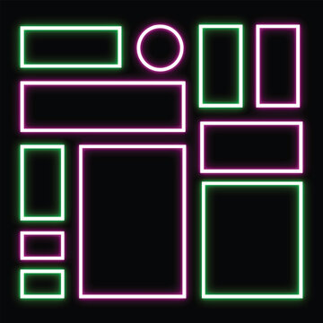 Neon frame collection with glowing colorful geometric wireframe borders on dark background for website layout template