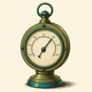Antique green brass aneroid barometer or pocket watch shaped scientific measurement instrument illustration.