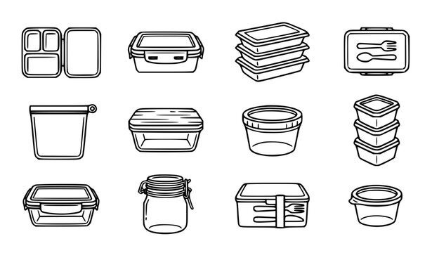 Food storage containers and lunch boxes outline icons set with container