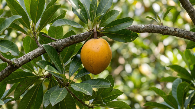 Ripe Canistel fruit hanging from a tree branch in natural light