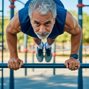 Determined Senior Man with Gray Hair and Beard Exercising at Outdoor Gym Performing Strength Training on Parallel Bars to Maintain Healthy Lifestyle