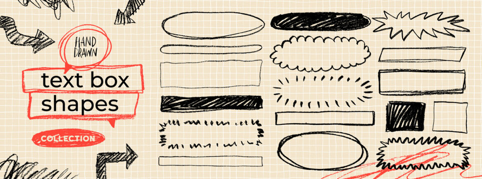 Hand drawn text box shapes, doodle oval and rectangles for notes and collage design. Crayon or pencil scribble text shapes, charcoal scribble organic shapes, scribble rippled lines and frames.