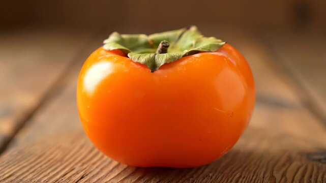 Close up of persimmons on wooden tabletop, close up of orange persimmons