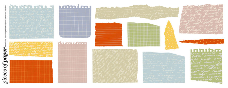 Funky scrapbook tear paper with handwriting patterns and lines collection. Paper torn collage notebook paper sheets and pieces. Scrapbook craft colored design sticky elements, cut out shapes.