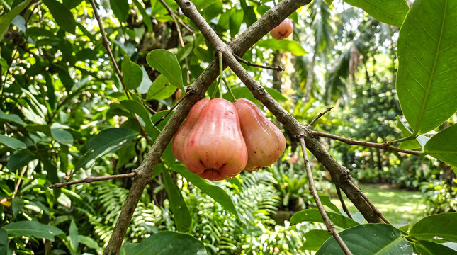 Close-up of fresh pink rose apples hanging from a tree branch in natural