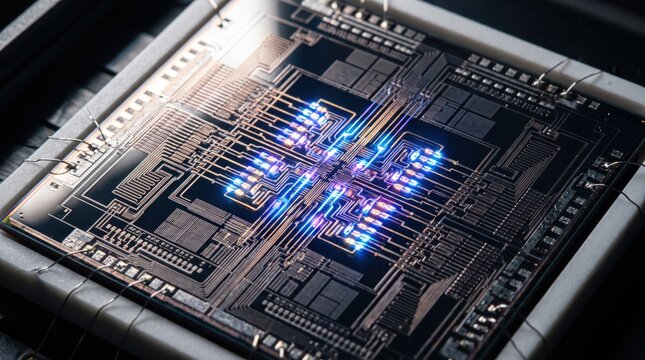 Advanced microprocessor circuit board with glowing data pathways, high tech artificial intelligence concept, futuristic computer hardware innovation and digital processing syste...