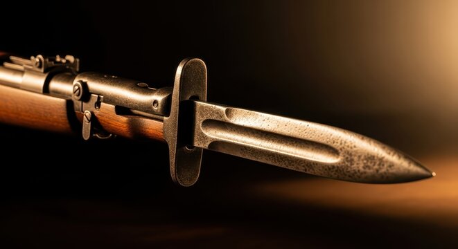 Close-up of a metal bayonet attached to a wooden rifle stock, historically significant weapon, dramatic lighting