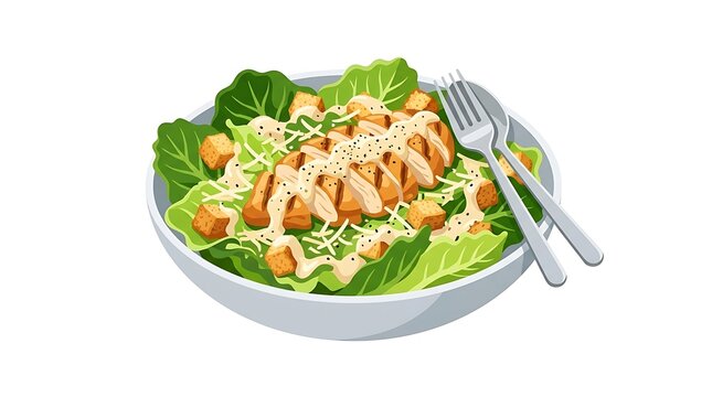Delicious fresh caesar salad with grilled chicken breast croutons and parmesan cheese served in a ceramic bowl on white background