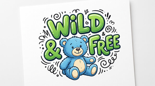Hand drawn blue teddy bear with wild and free typography on white background.