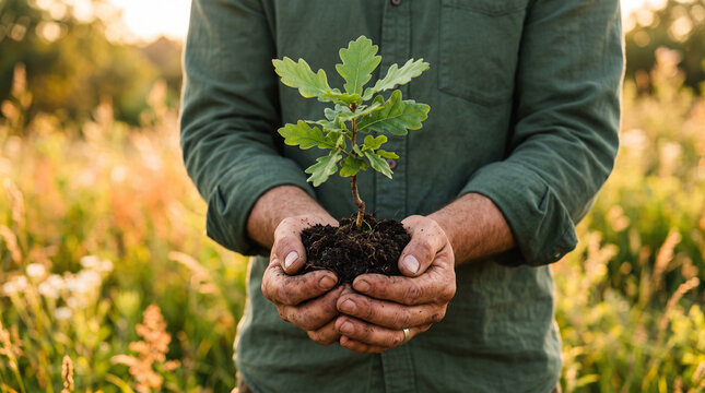Hands holding a young oak sapling with soil in a sunny field for reforestation.