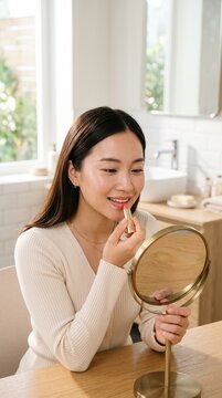Vertical shot of a young Asian woman sitting in a bright bathroom, applying coral pink lipstick while looking into a round standing vanity mirror.