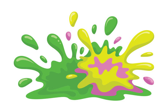 Abstract paint splatter with vibrant green, yellow, and pink liquid blobs for artistic and creative background projects