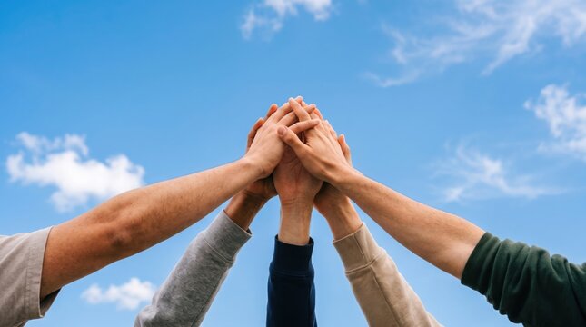 Group Of Hands Stacking Together Against A Bright Sky