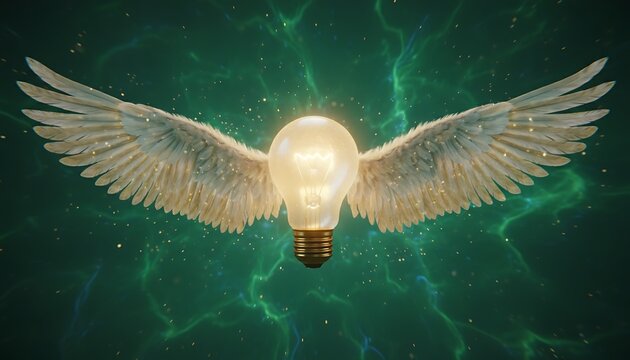 Glowing light bulb with white wings, dramatic green background, vibrant sparks, symbolizing inspiration, creativity, and innovation for business, advertising, and marketing.