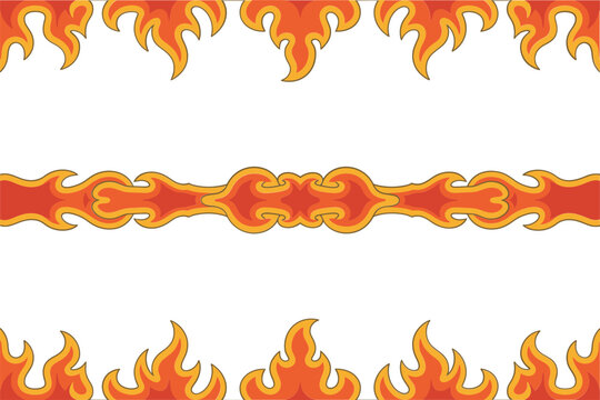 Seamless decorative fire flame borders and patterns for projects featuring stylized orange and red flames on white background