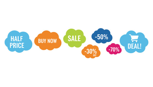 Colorful clouds with sale, discount, and deal labels to promote shopping offers, seasonal clearances, and special retail price reductions.