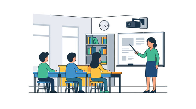 Female teacher presenting a lesson to students in a classroom illustration