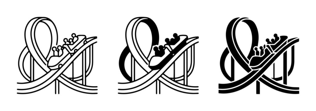 Roller Coaster Icons, Amusement Park Ride Vector Graphics, Thrill Ride Symbols, Black and White Line Art