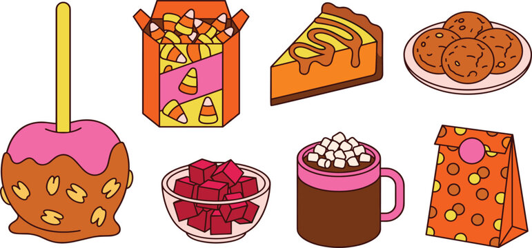 Autumn Halloween Sweet Treats Icon Set with Candy Apple Candy Corn Pumpkin Pie Cookies Fudge Marshmallow Hot Chocolate and Treat Bag Vector Illustrations