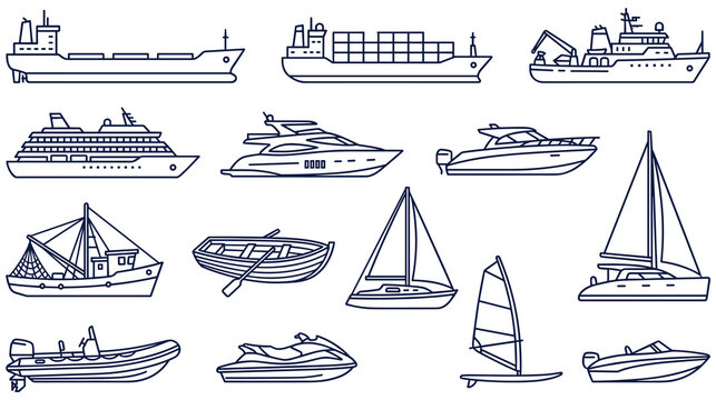 Various types of boats and ships sailing on water vector collection.