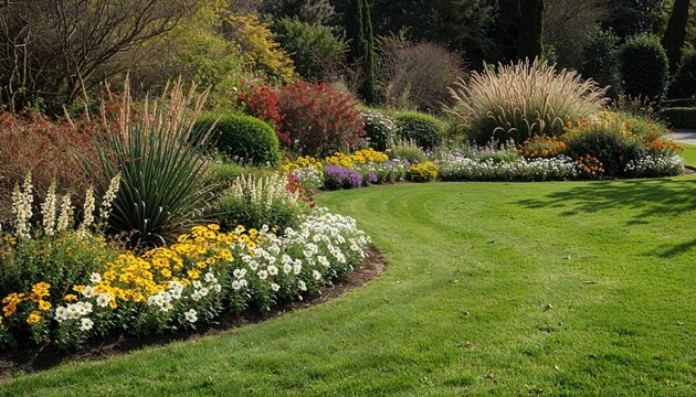 Flower garden in a park. Lush green lawn with colorful blooming flower beds.