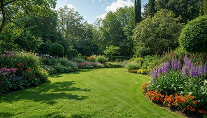 Obraz premium Summer garden with lush green lawn. Scenic landscape with blooming flower beds.