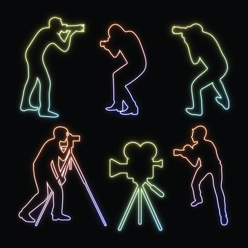 Neon photographer silhouette collection with glowing camera operator icons on dark background for media design