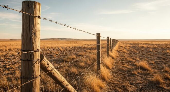 Barbed wire fence posts crossing golden dry grassland under a wide, hazy sky at sunset